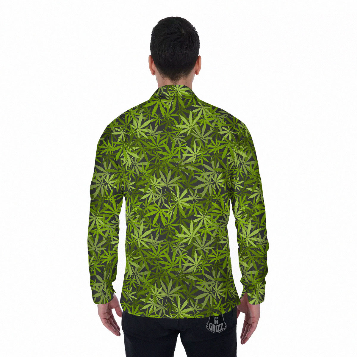 Pattern Leaf Marijuana Print Men's Long Sleeve Shirts-grizzshop