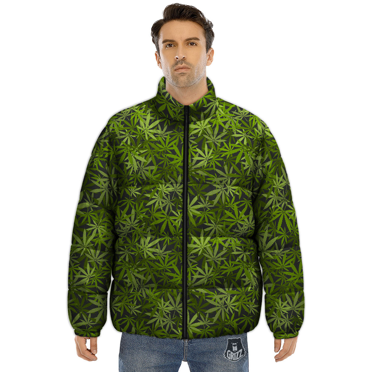 Pattern Leaf Marijuana Print Puffer Jacket-grizzshop
