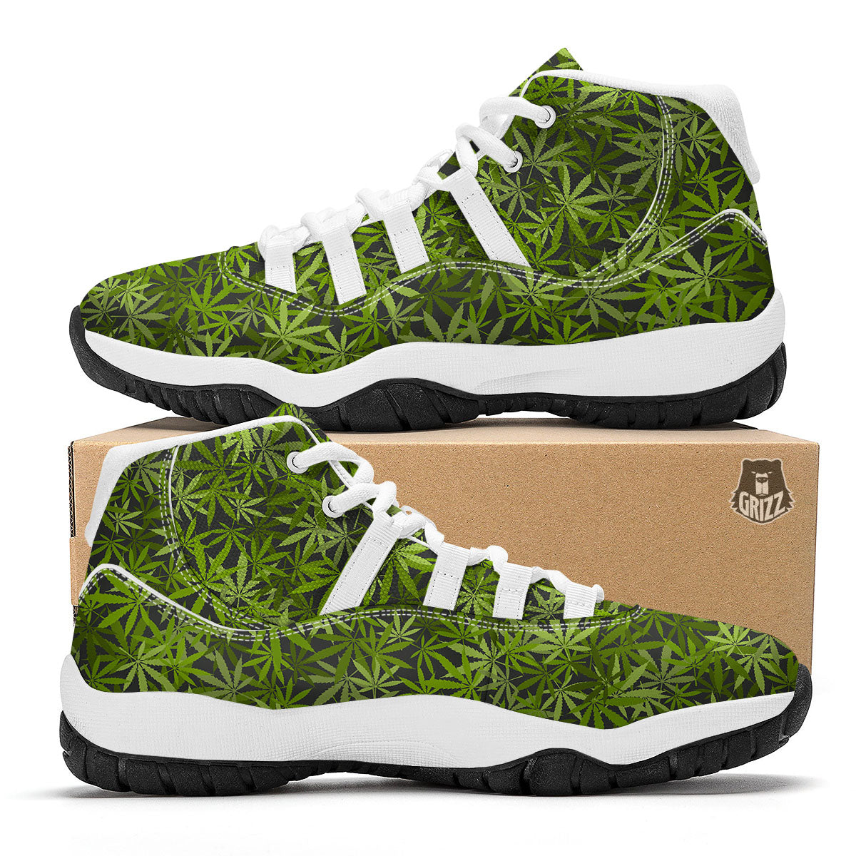 Pattern Leaf Marijuana Print White Bball Shoes-grizzshop