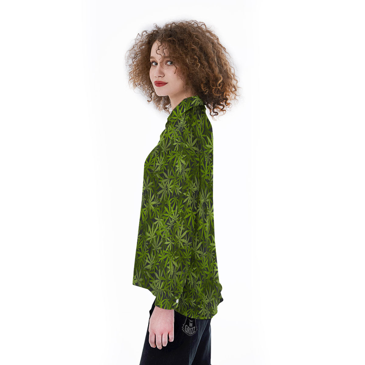 Pattern Leaf Marijuana Print Women's Long Sleeve Shirts-grizzshop