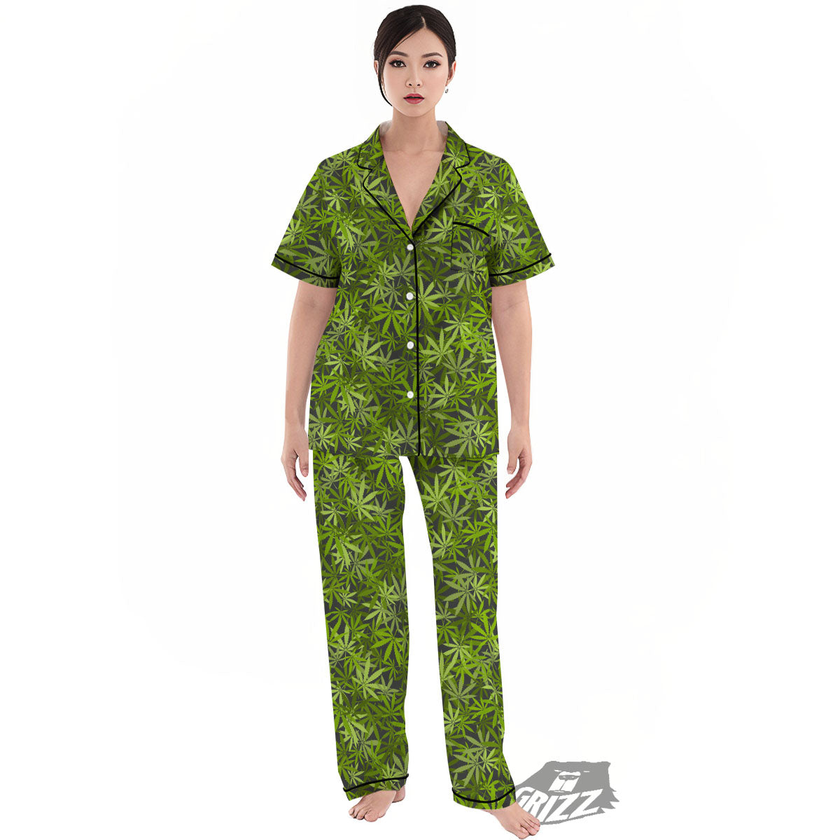 Pattern Leaf Marijuana Print Women's Pajamas Set-grizzshop