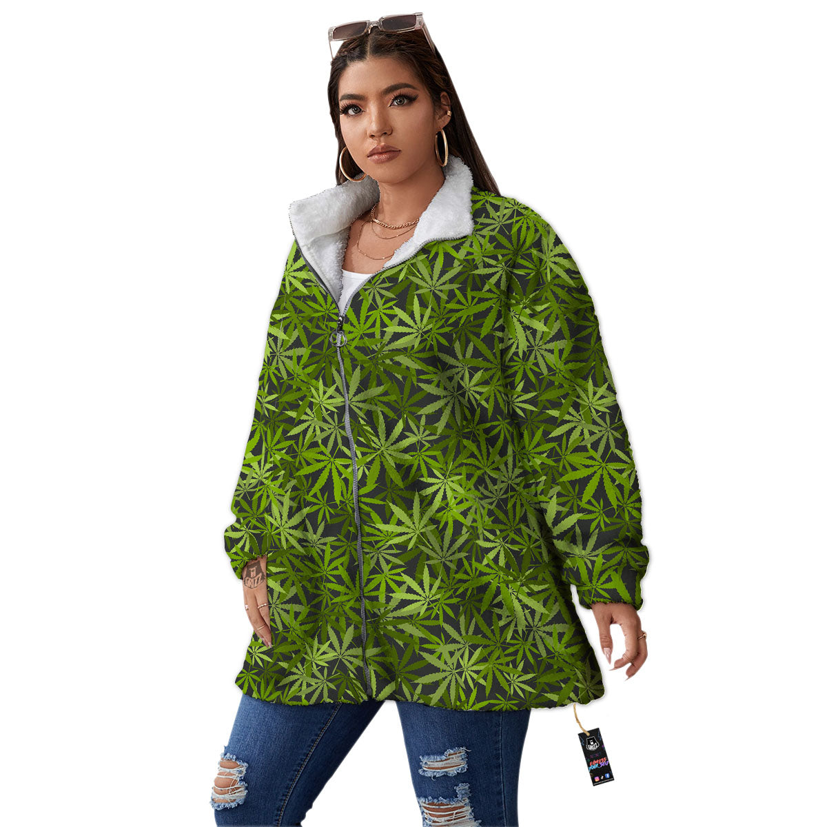 Pattern Leaf Marijuana Print Women's Sherpa Jacket-grizzshop