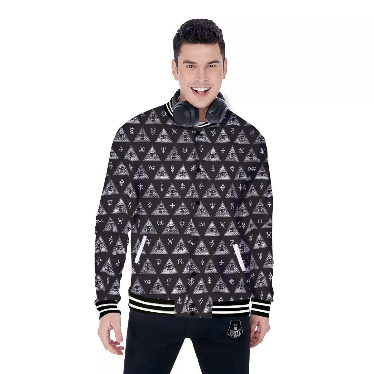 Pattern Masonic Eye Print Baseball Jacket-grizzshop