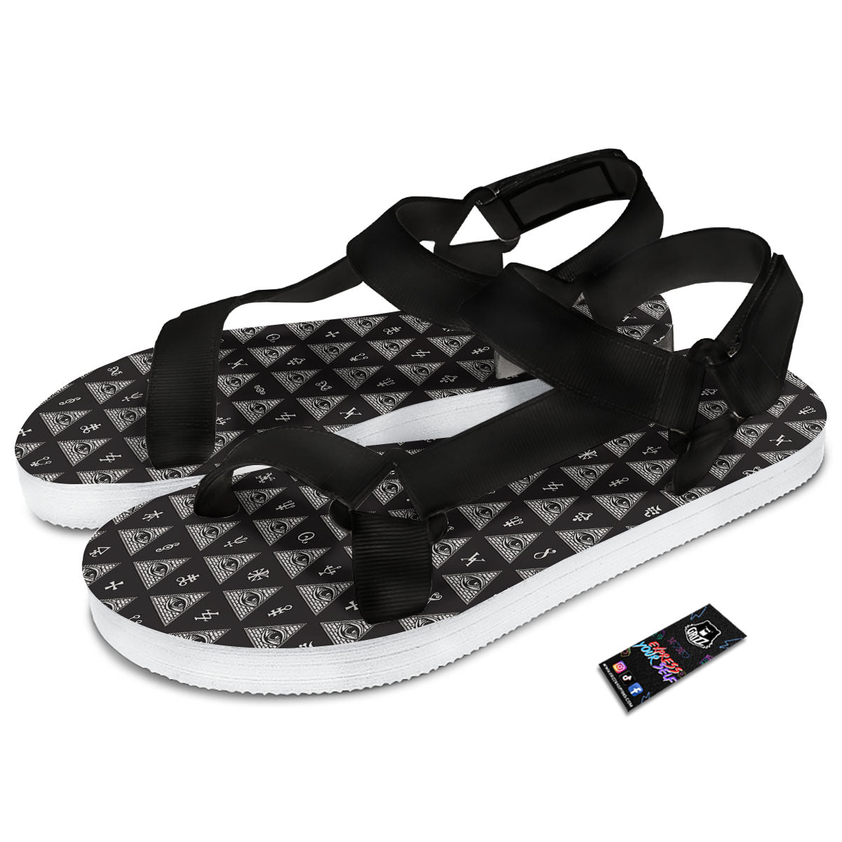 Pattern Masonic Eye Print Black Open Toe Sandals-grizzshop