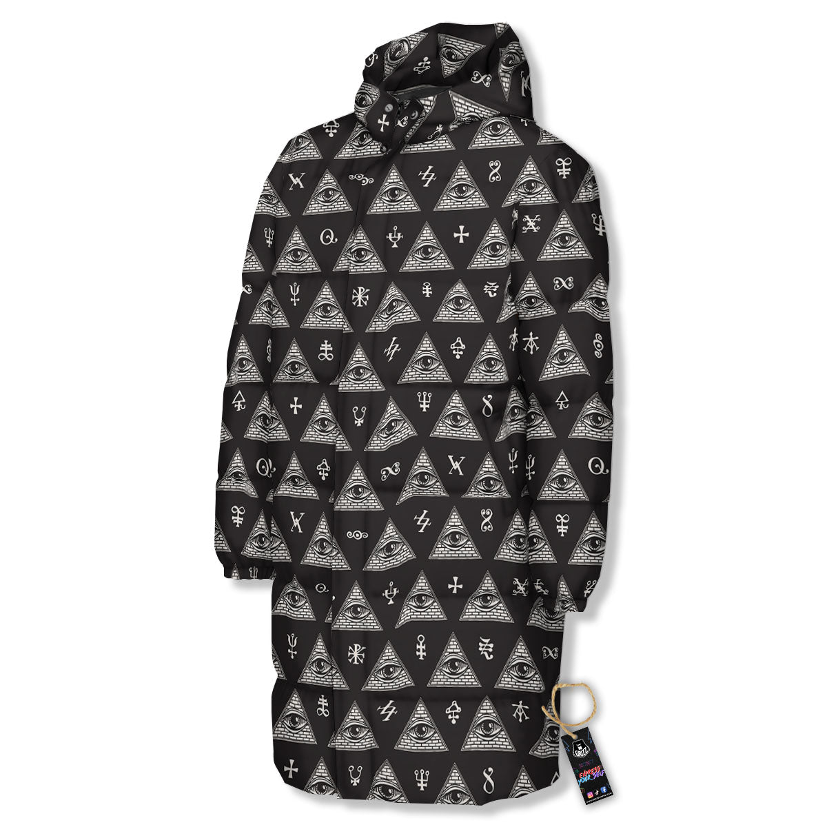 Pattern Masonic Eye Print Long Down Jacket-grizzshop