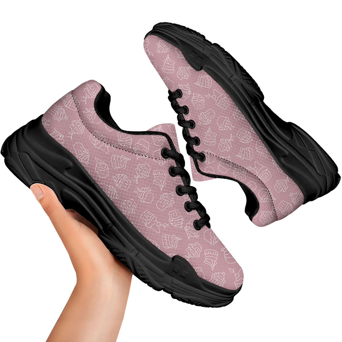 Pattern Mini Cupcake Print Black Chunky Shoes-grizzshop