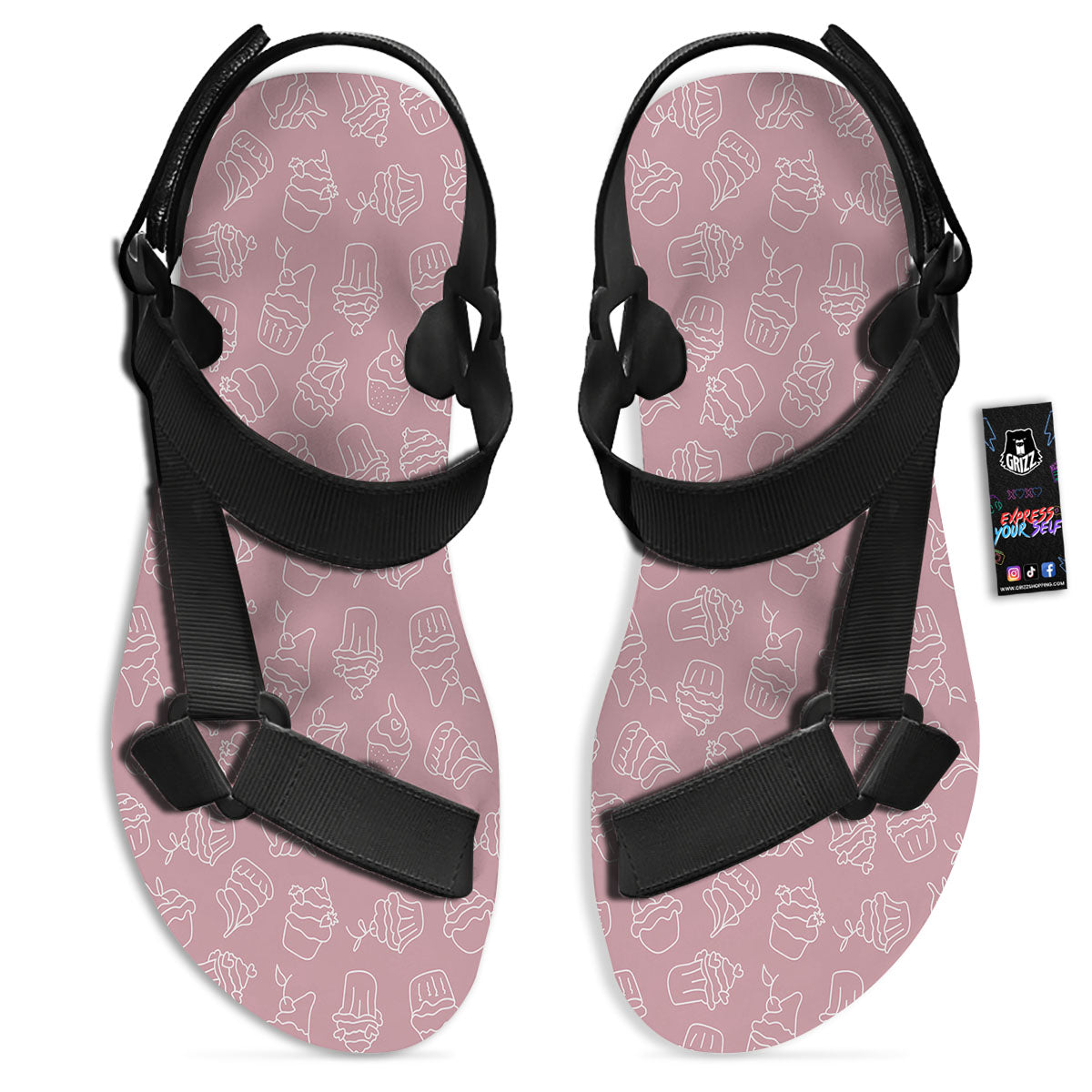 Pattern Mini Cupcake Print Black Open Toe Sandals-grizzshop