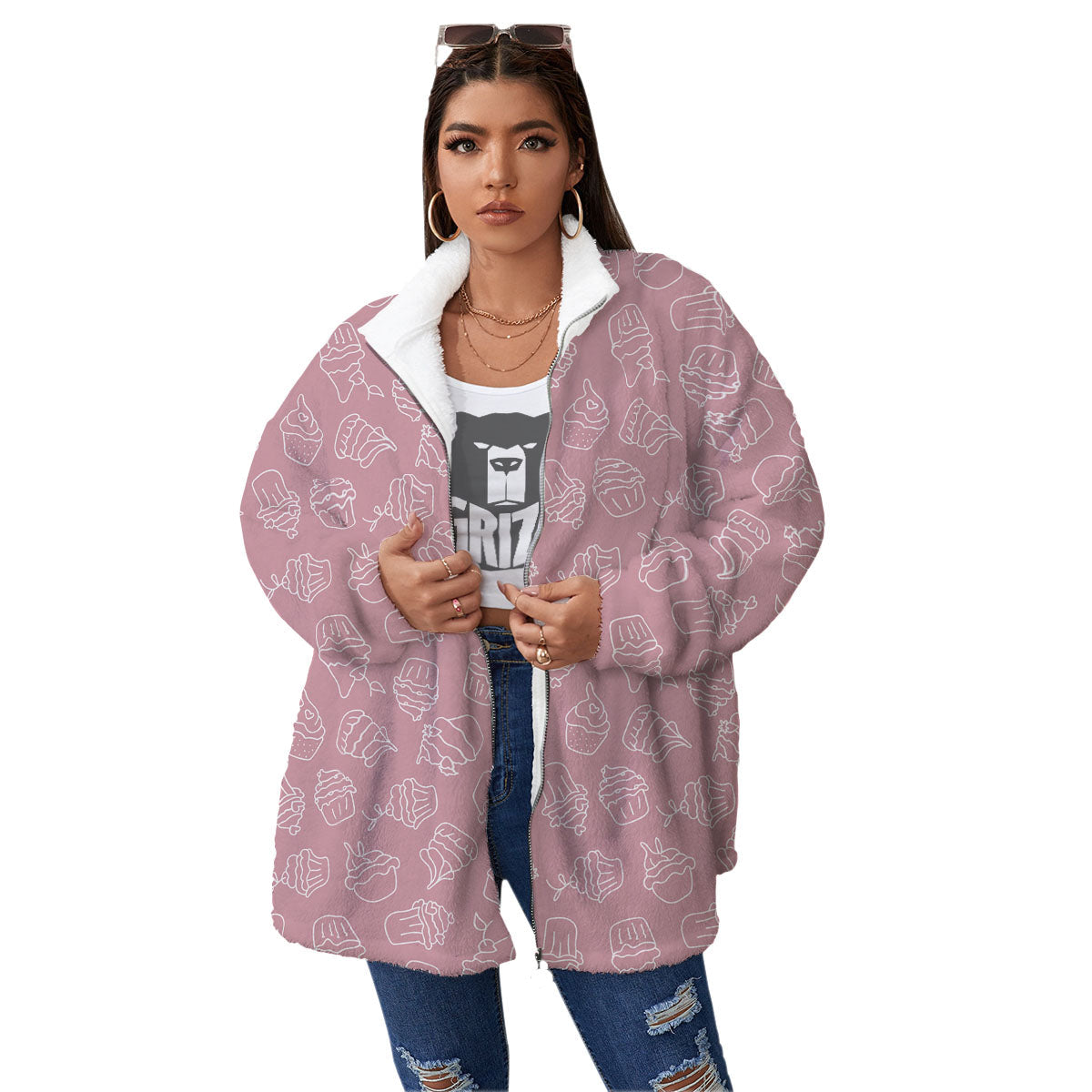 Pattern Mini Cupcake Print Women's Sherpa Jacket-grizzshop
