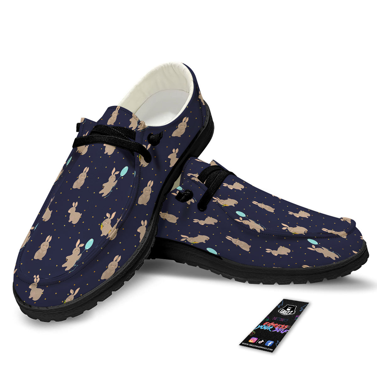 Pattern Mini Rabbit Print Black Loafers-grizzshop