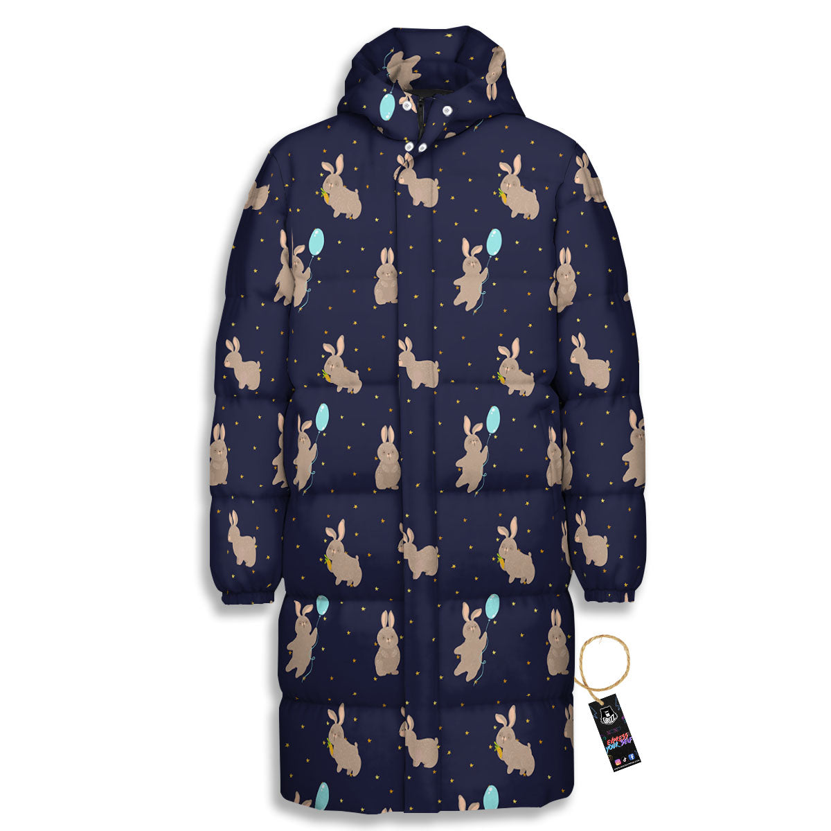 Pattern Mini Rabbit Print Long Down Jacket-grizzshop