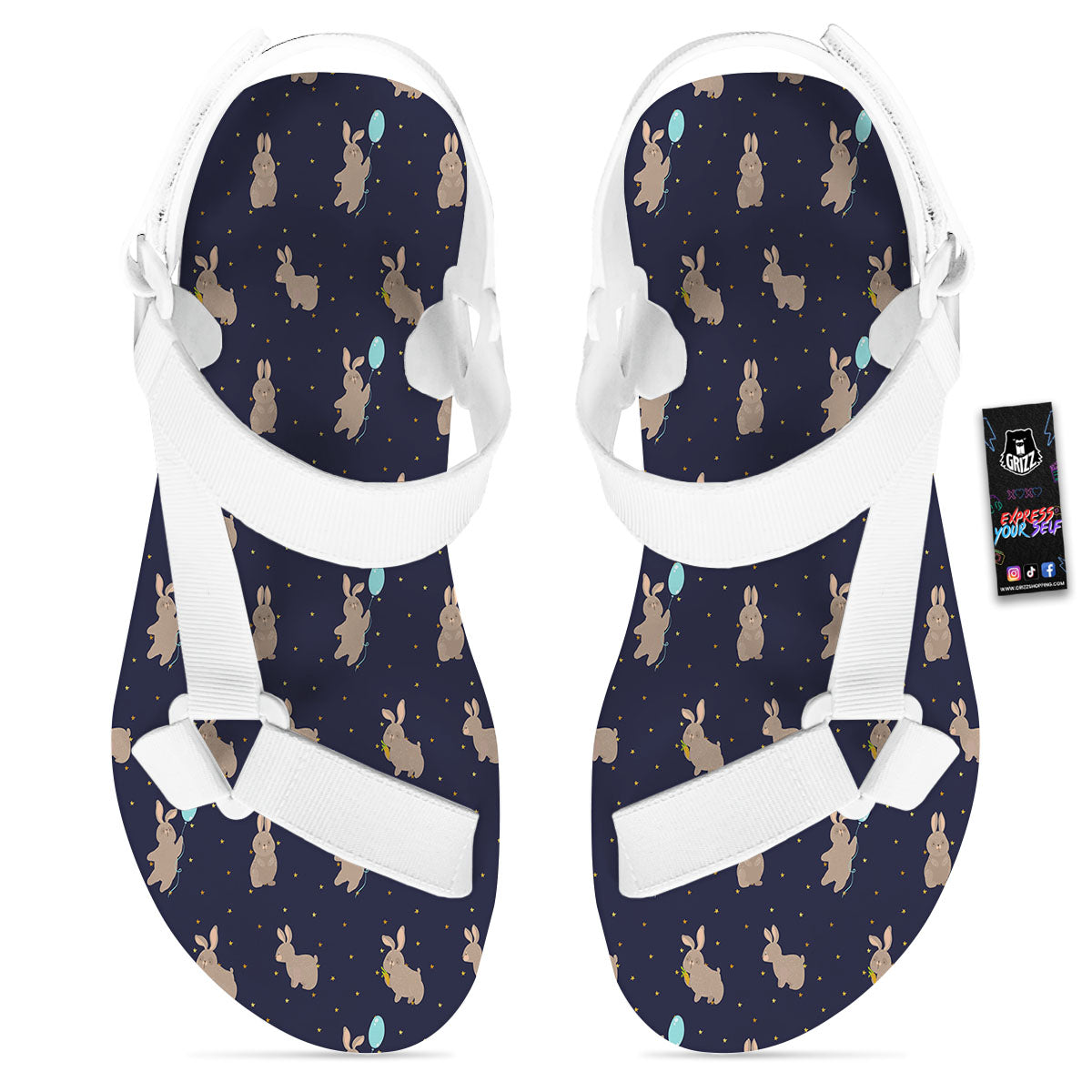 Pattern Mini Rabbit Print White Open Toe Sandals-grizzshop