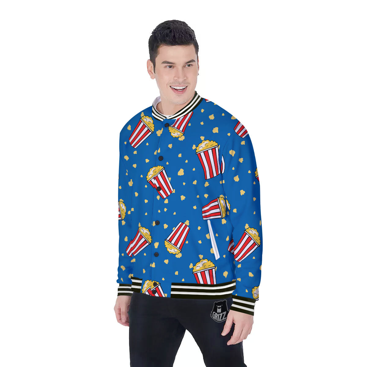 Pattern Popcorn Print Baseball Jacket-grizzshop