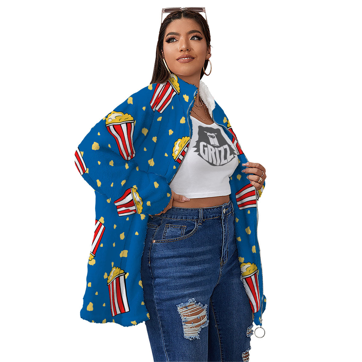 Pattern Popcorn Print Women's Sherpa Jacket-grizzshop