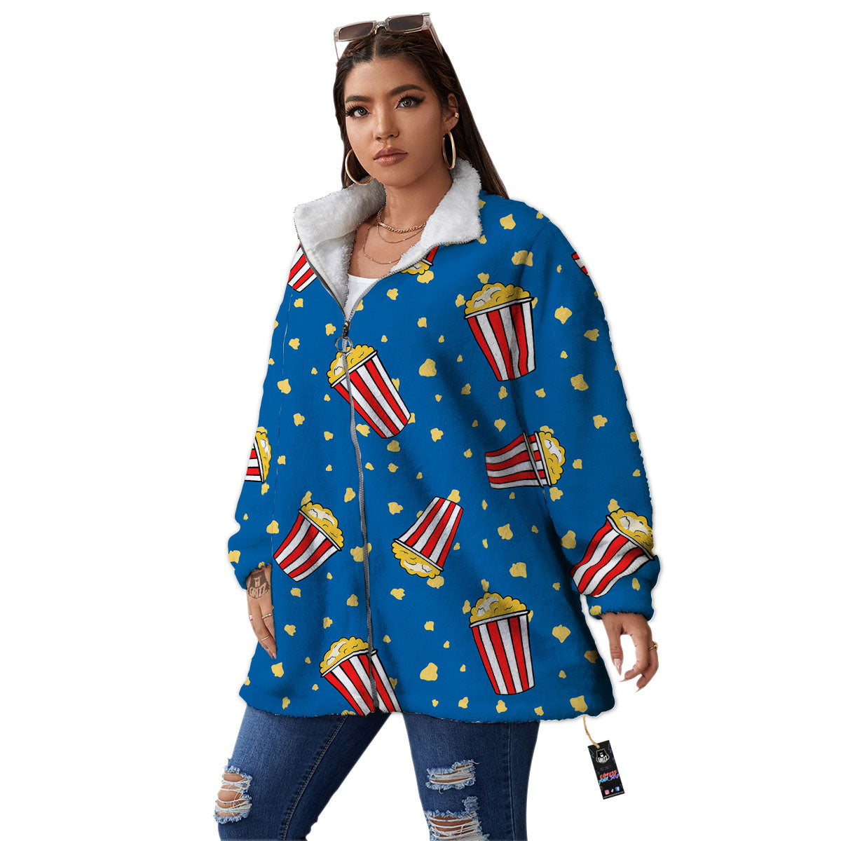 Pattern Popcorn Print Women's Sherpa Jacket-grizzshop
