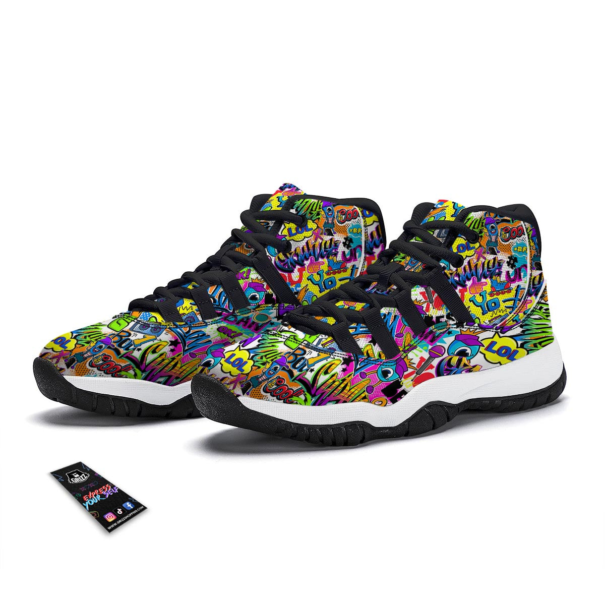 Pattern Print Graffiti Black Bball Shoes-grizzshop