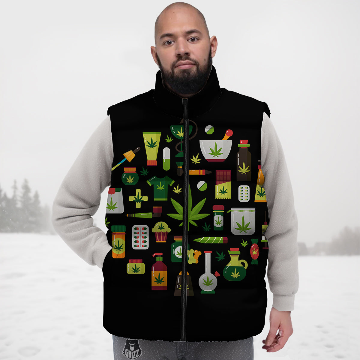 Pattern Print Killer Whale Orca Down Vest-grizzshop
