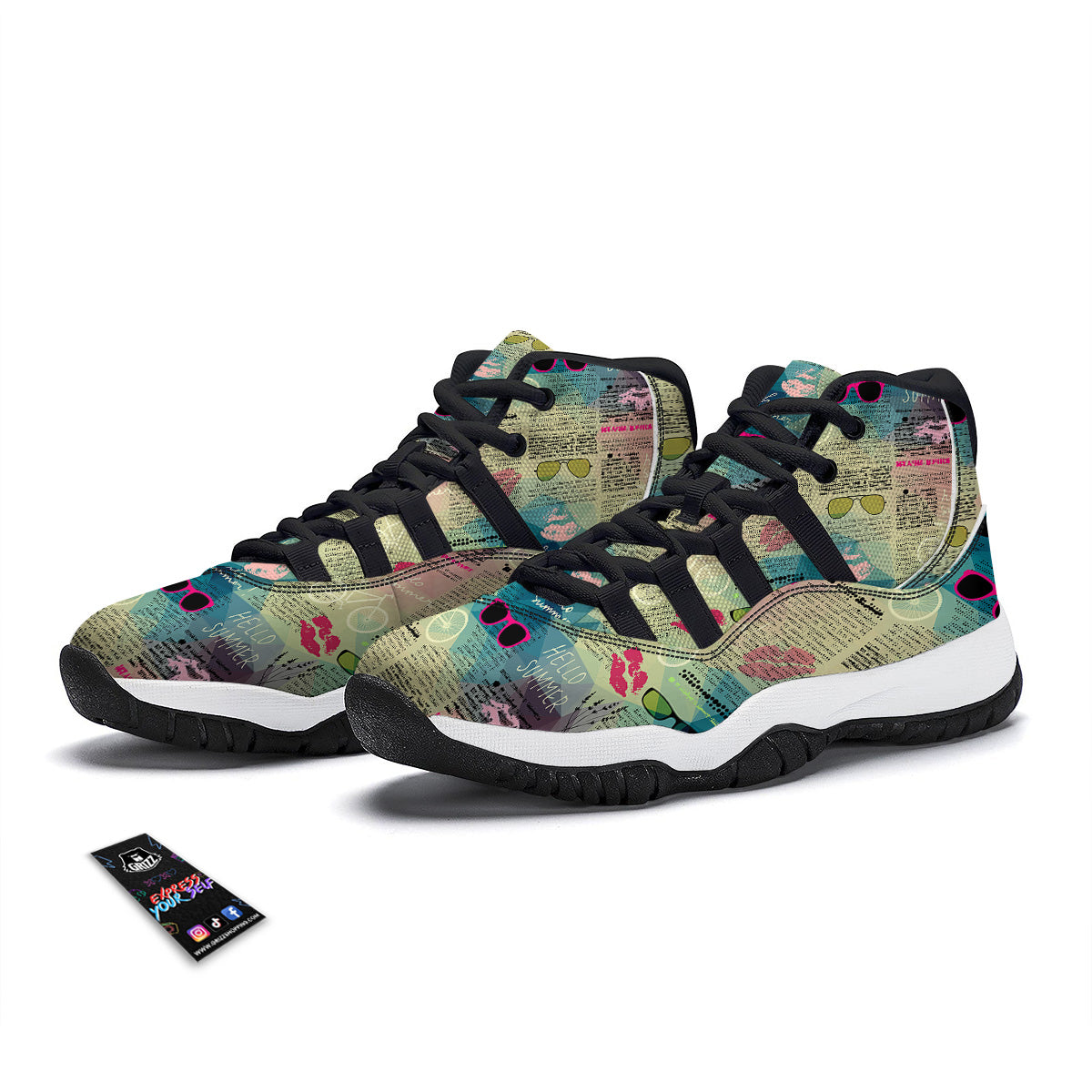 Pattern Print Newspaper Black Bball Shoes-grizzshop