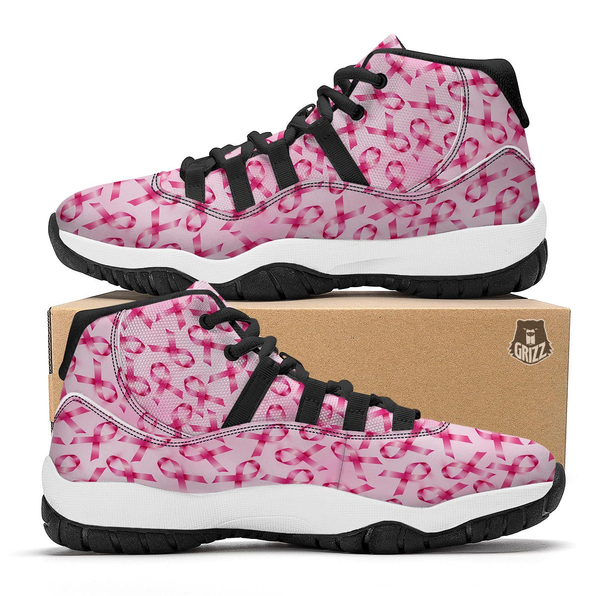 Pattern Print Pink Ribbon Breast Cancer Awareness Black Bball Shoes-grizzshop