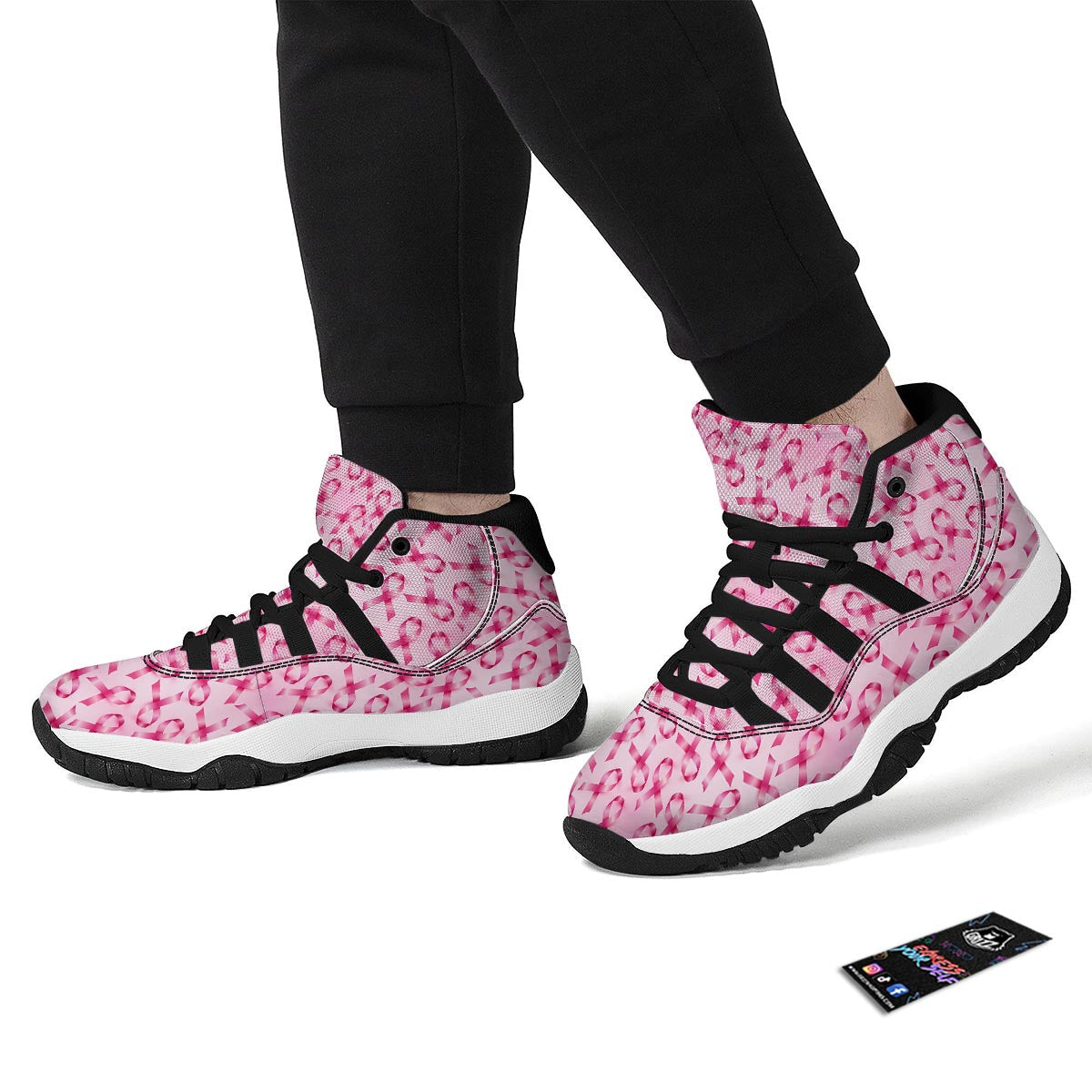 Pattern Print Pink Ribbon Breast Cancer Awareness Black Bball Shoes-grizzshop