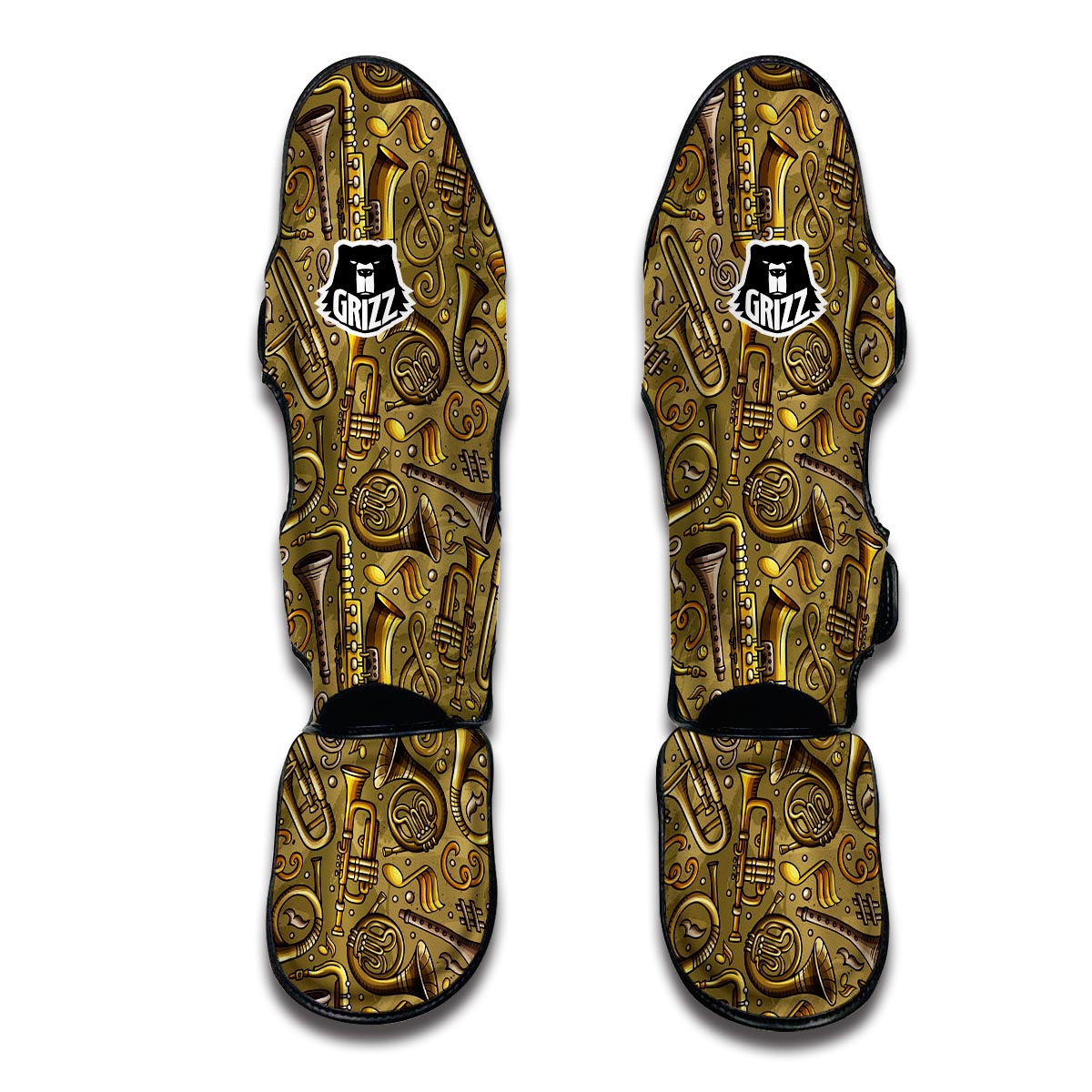 Brown Yellow And Black Camouflage Print Pattern Muay Thai Shin Guards