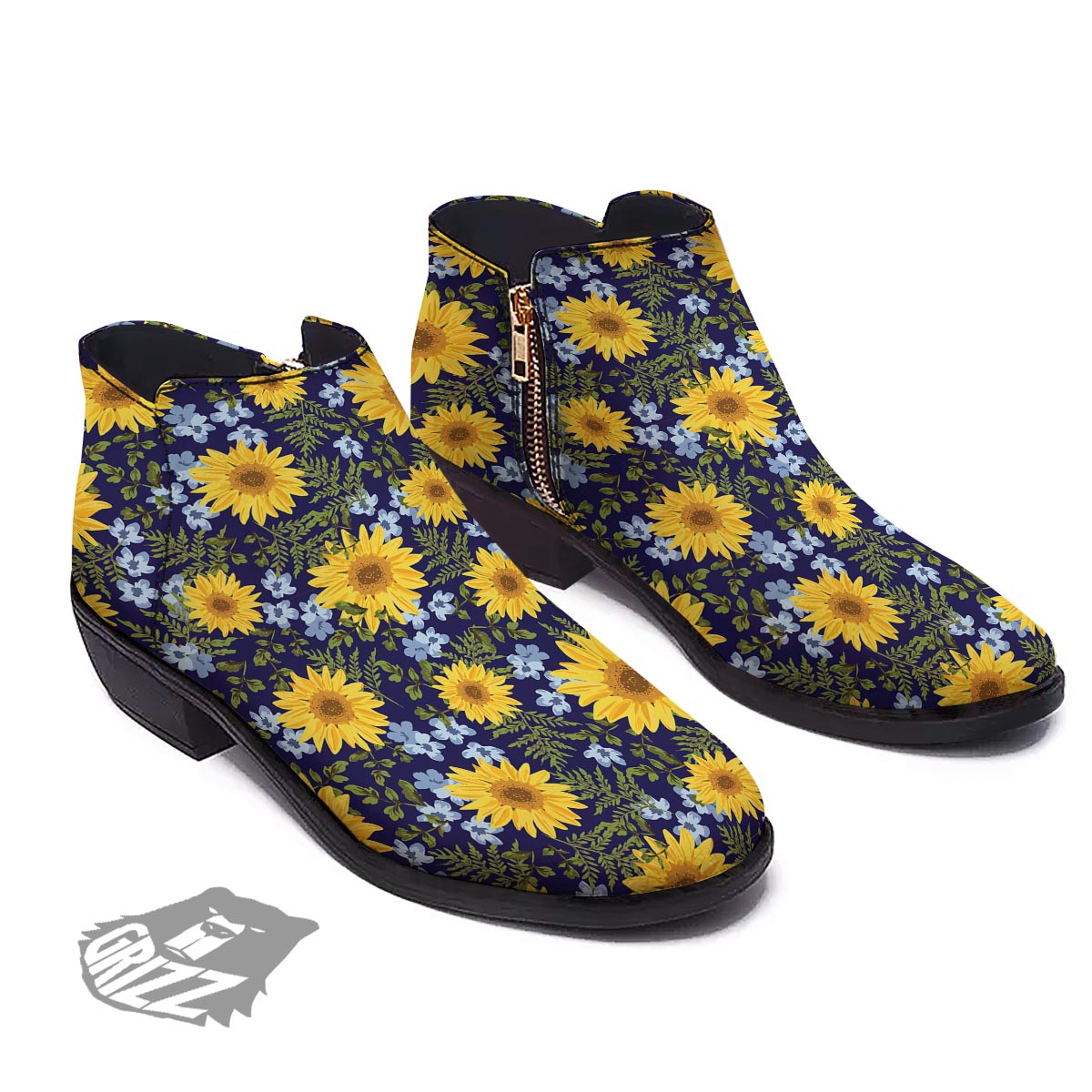 Pattern Sunflower Print Pattern Ankle Boots-grizzshop