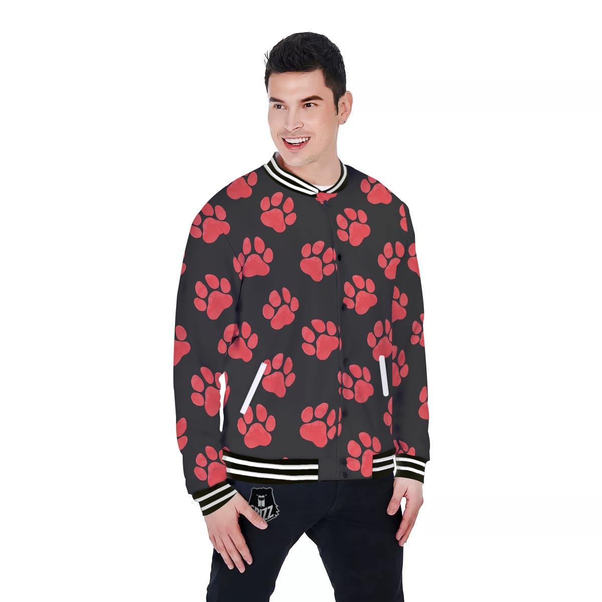 Paw Black And Red Print Pattern Baseball Jacket-grizzshop