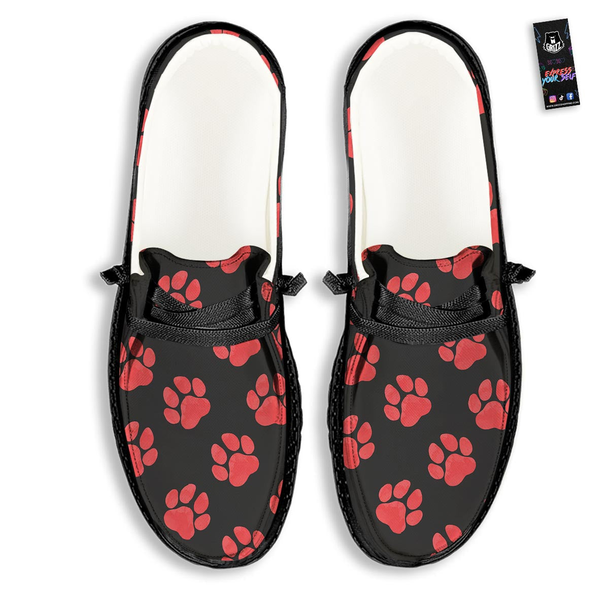 Paw Black And Red Print Pattern Black Loafers-grizzshop