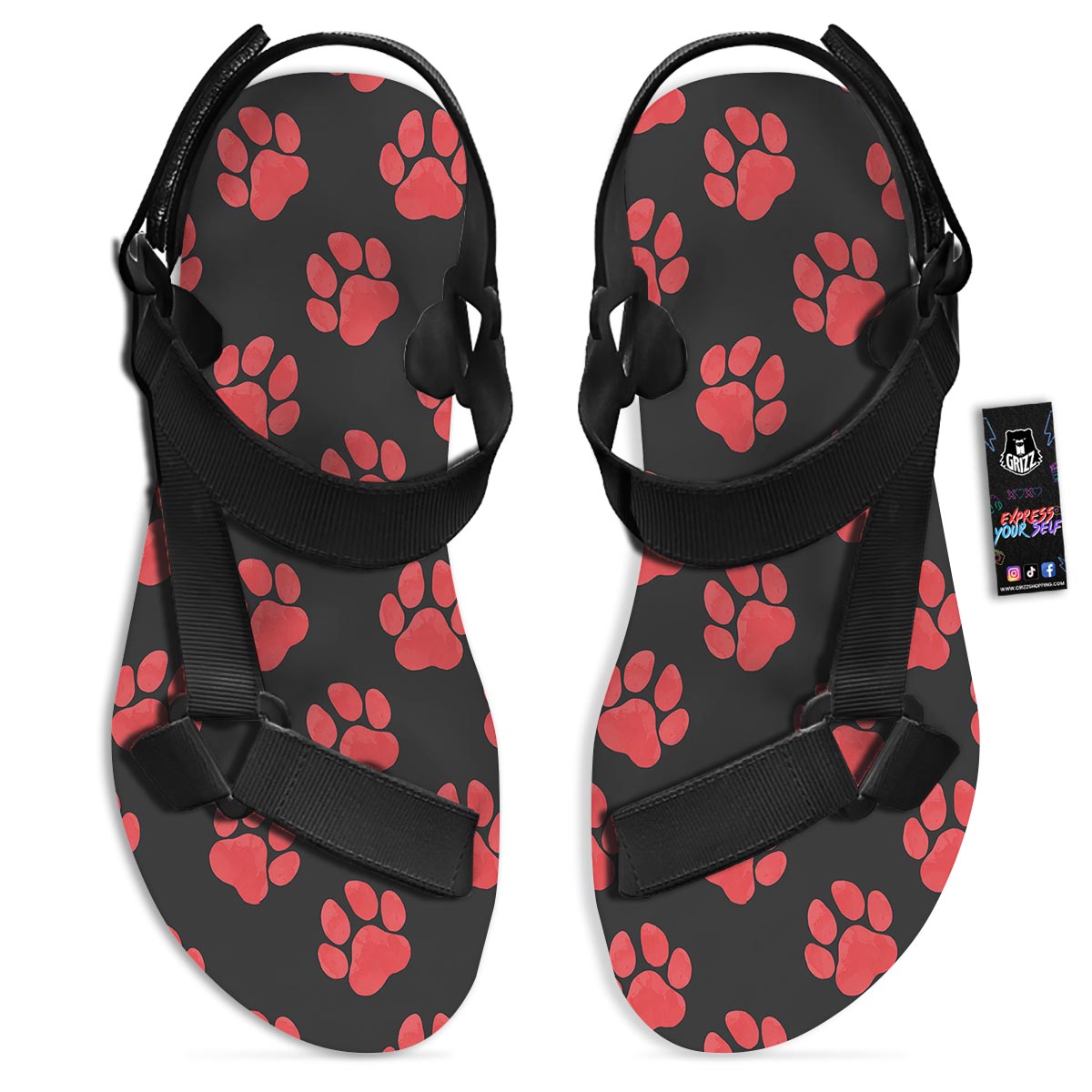 Paw Black And Red Print Pattern Black Open Toe Sandals-grizzshop