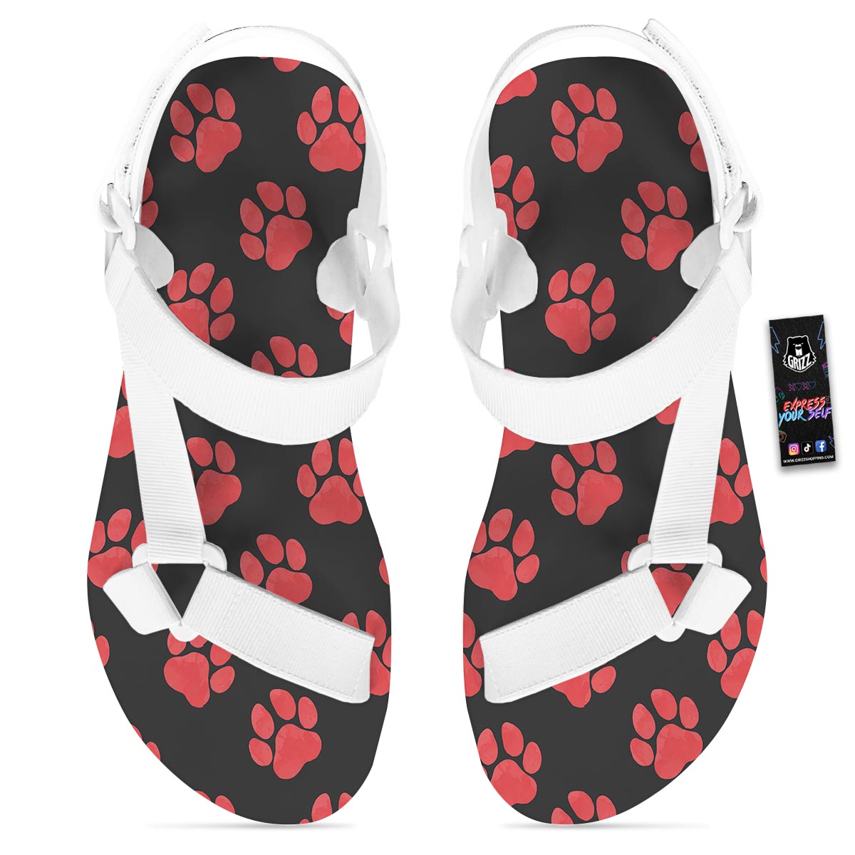 Paw Black And Red Print Pattern White Open Toe Sandals-grizzshop