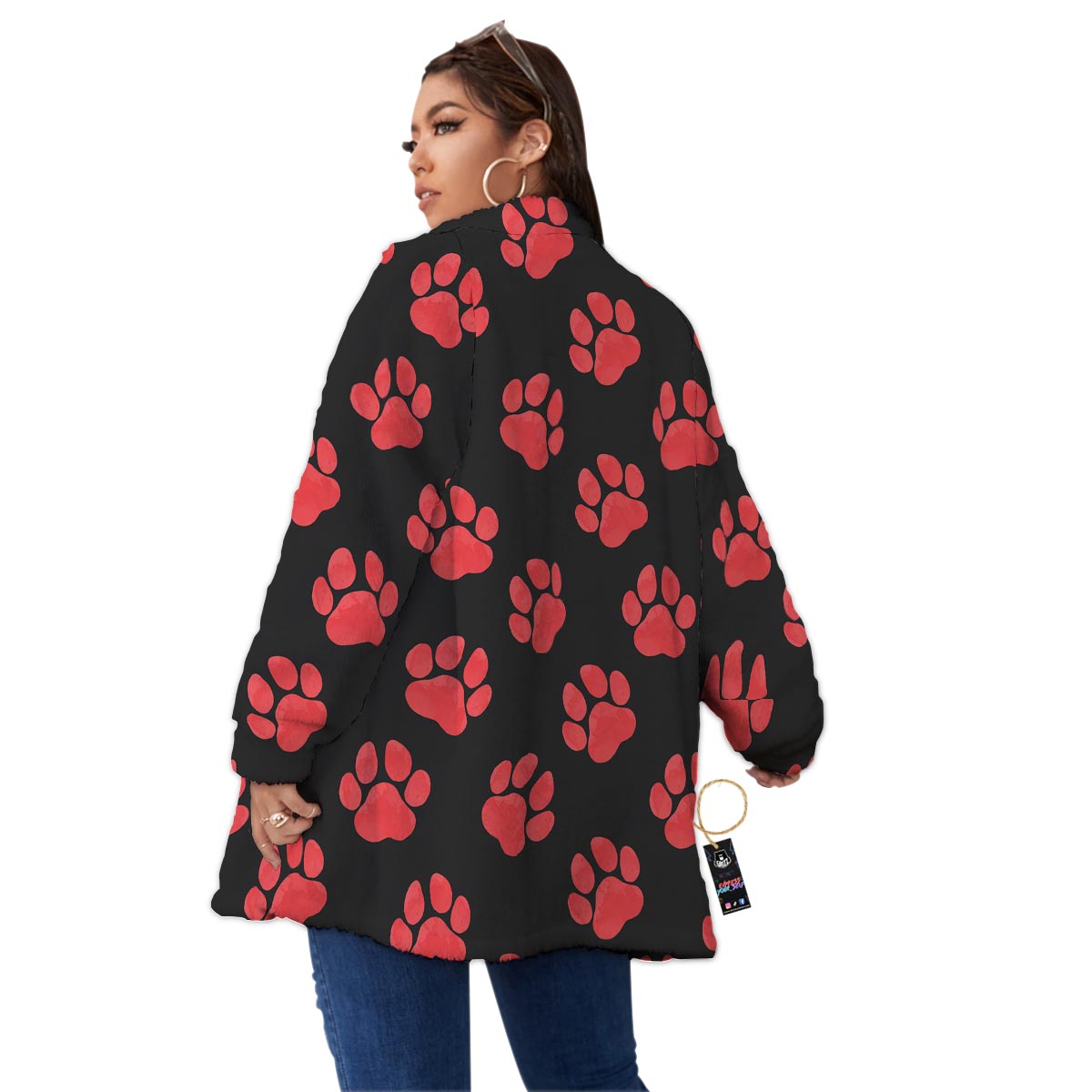 Paw Black And Red Print Pattern Women's Sherpa Jacket-grizzshop