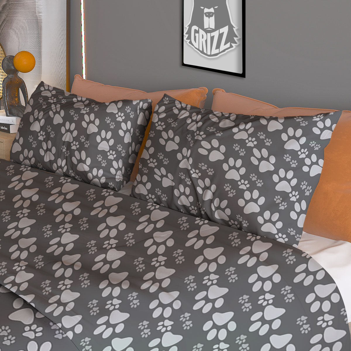 Paw Grey Animal Print Pattern Duvet Cover Bedding Set