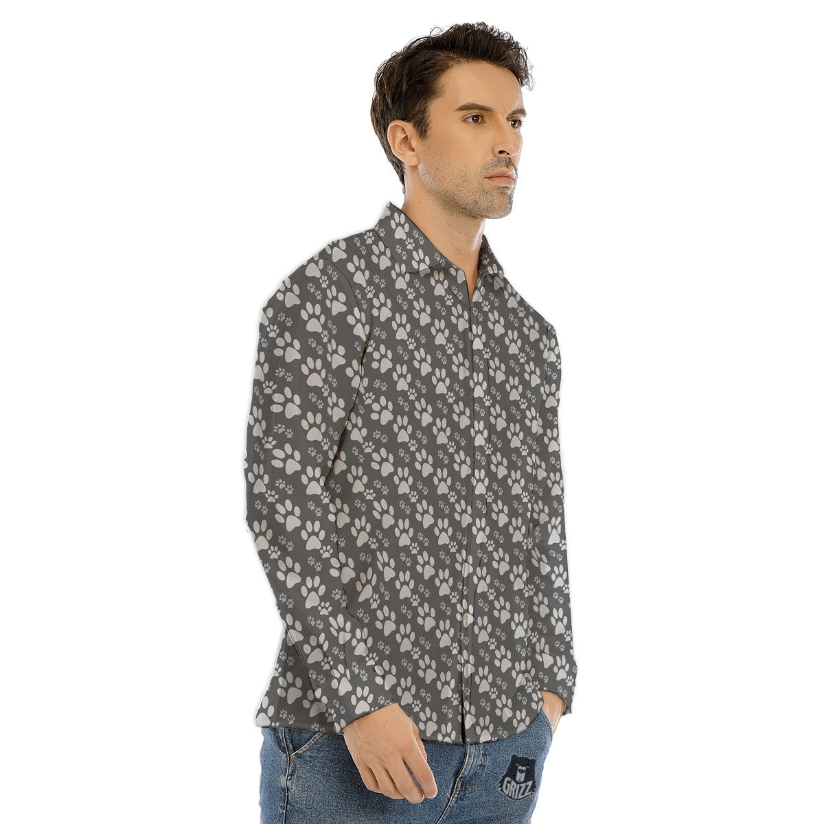 Paw Grey Animal Print Pattern Men's Dress Shirts-grizzshop