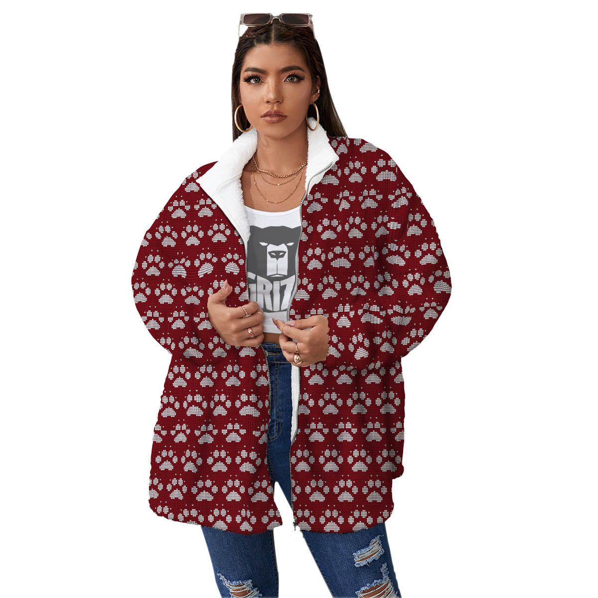 Paw Knitted Christmas Print Pattern Women's Sherpa Jacket-grizzshop