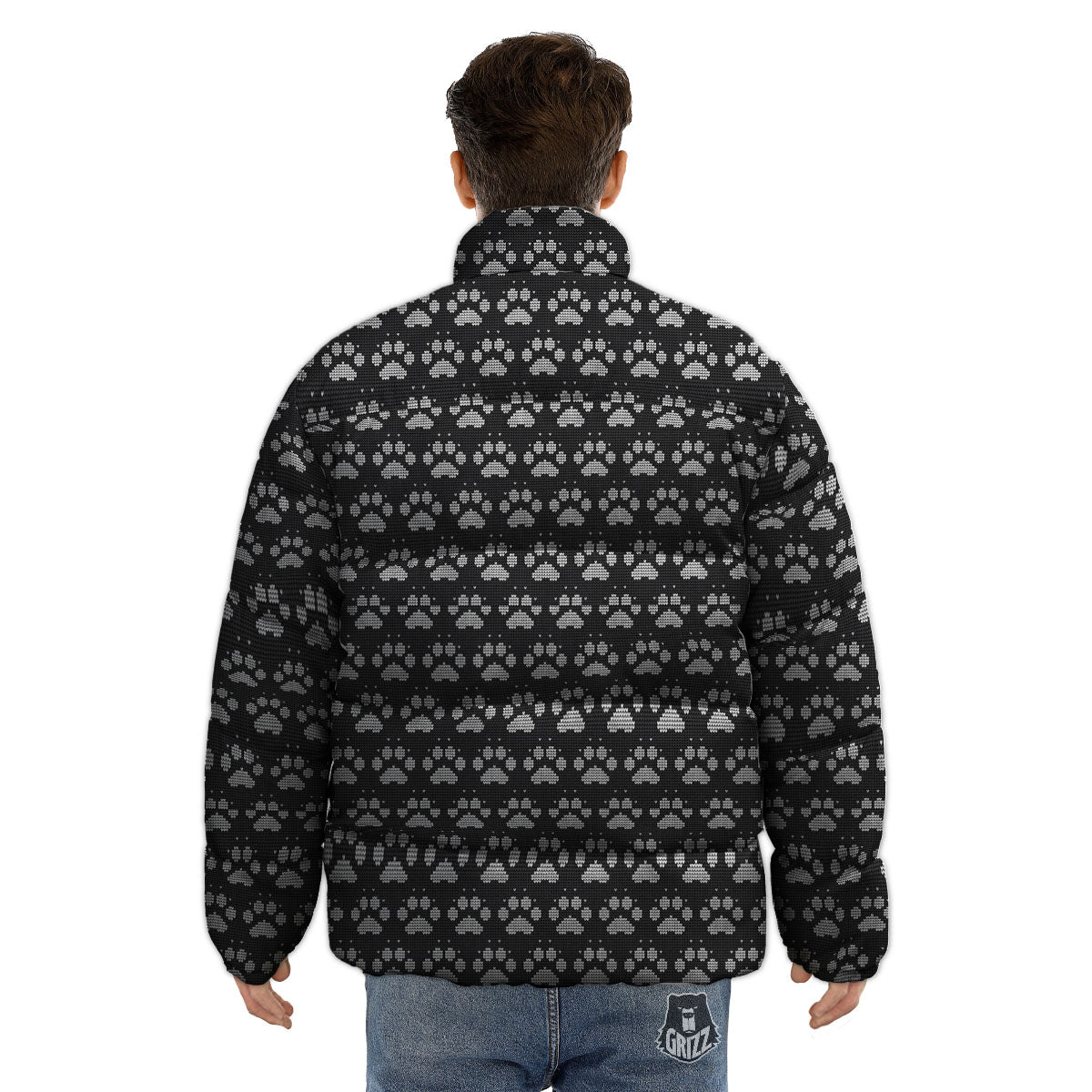 Paw Knitted White And Grey Print Pattern Puffer Jacket-grizzshop