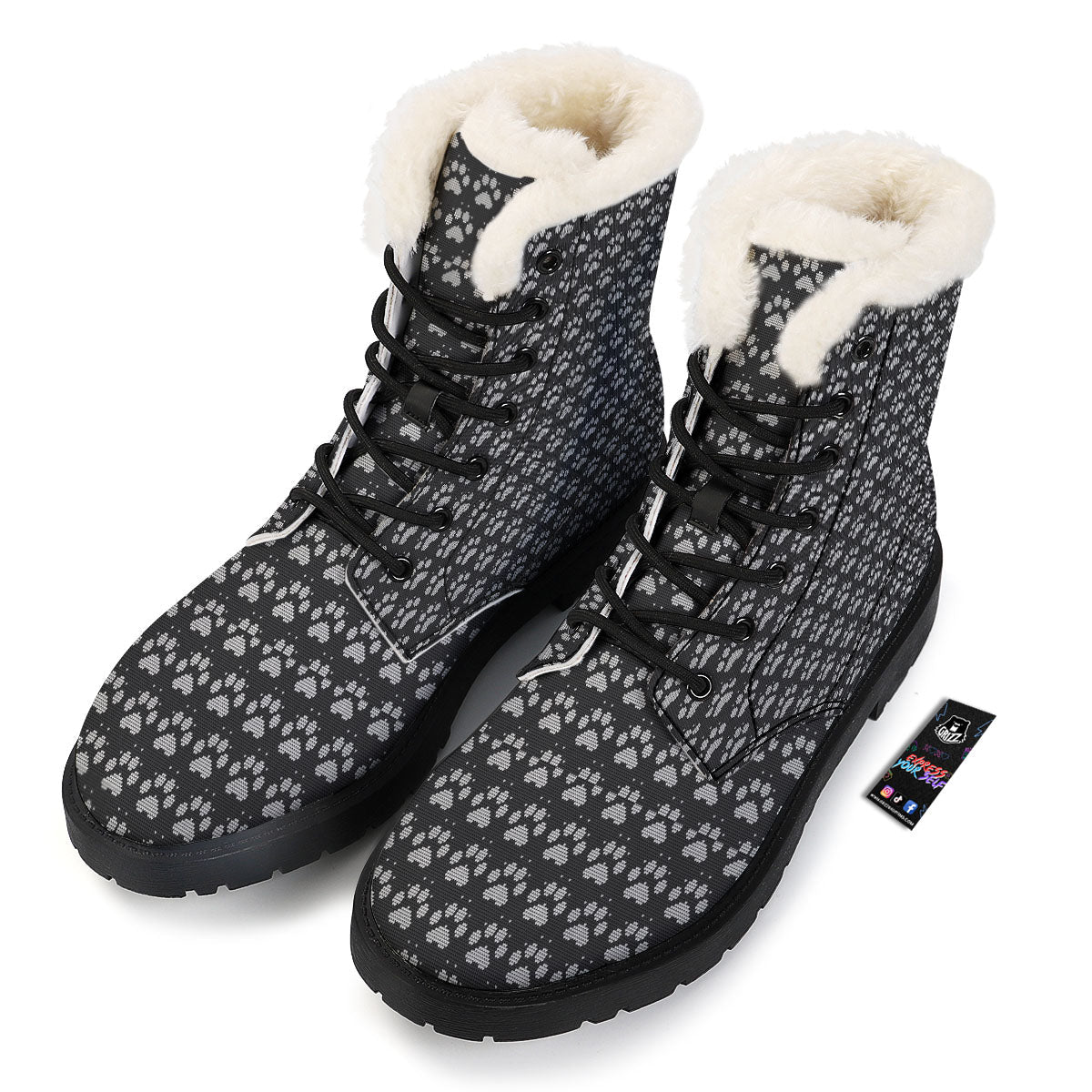 Paw Knitted White And Grey Print Pattern Winter Boots-grizzshop