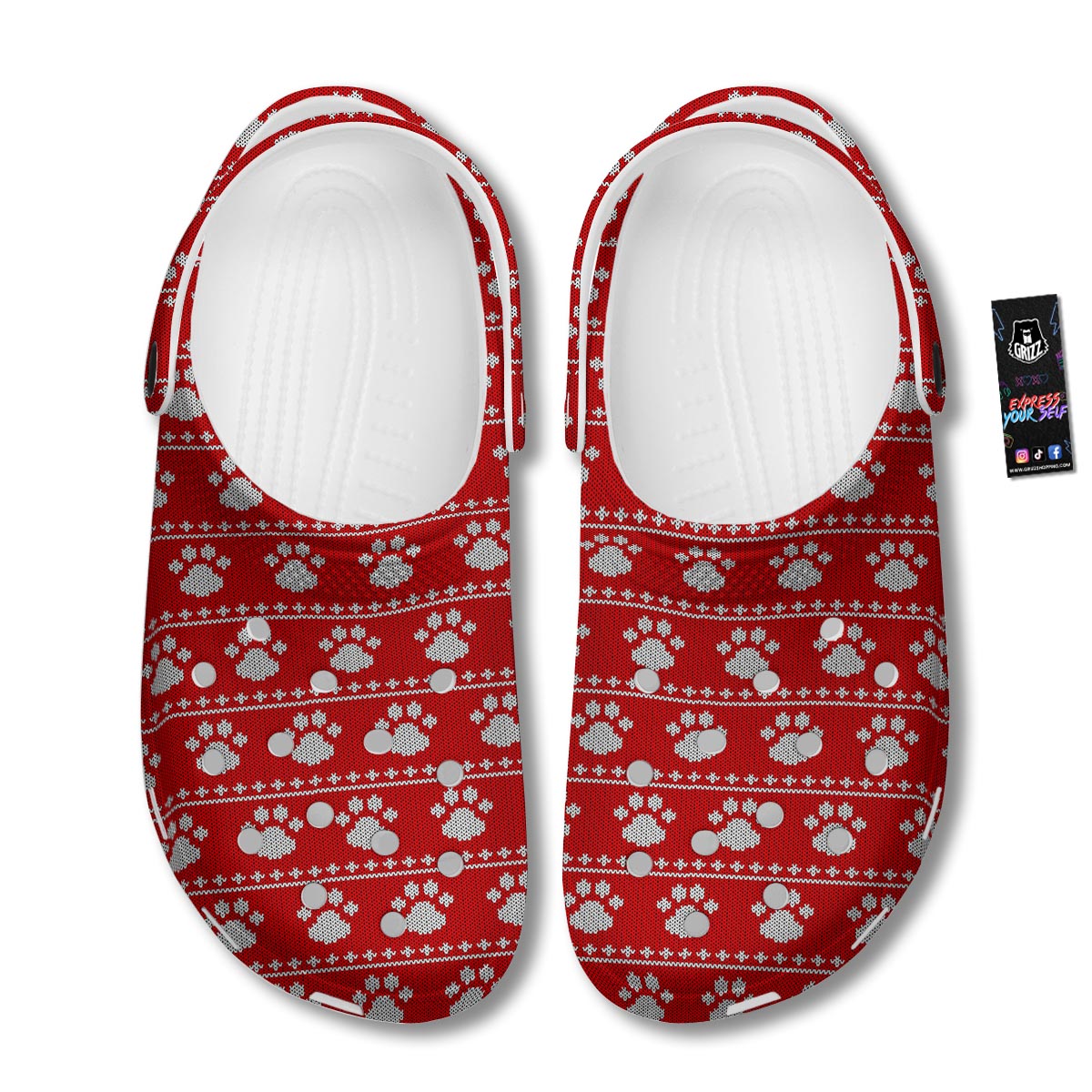 Paw Knitted White And Red Print Pattern Clog-grizzshop