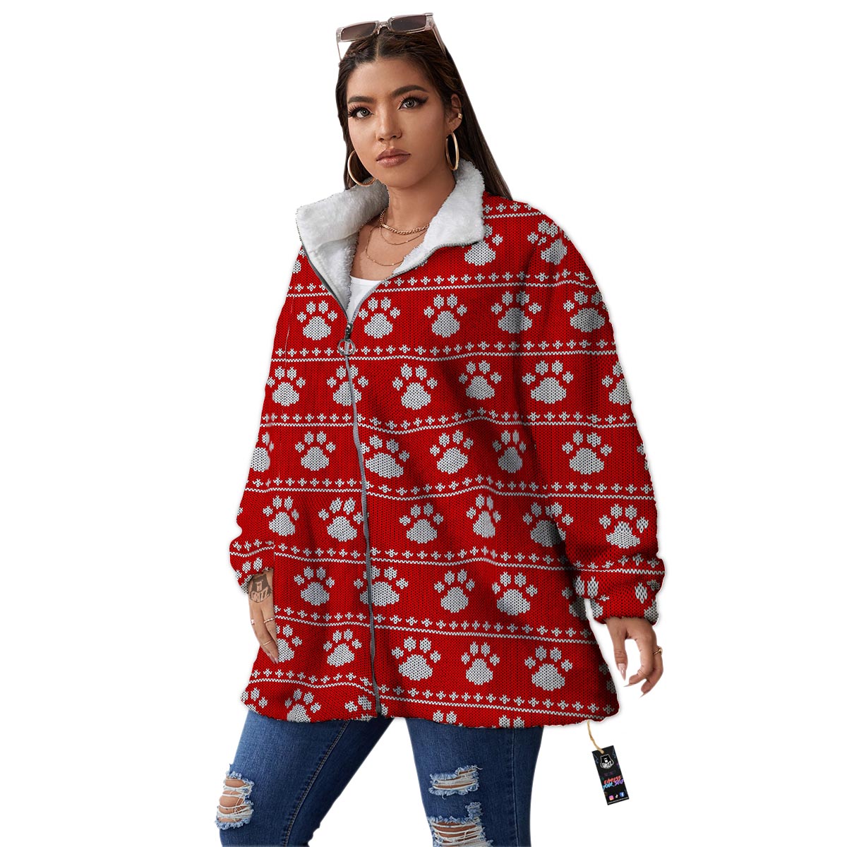 Paw Knitted White And Red Print Pattern Women's Sherpa Jacket-grizzshop