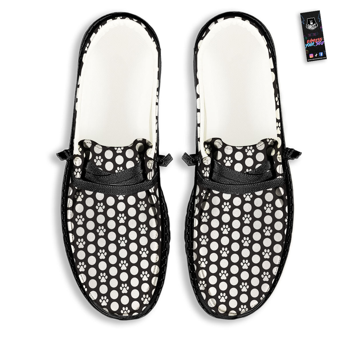 Paw Polka Dot White And Black And Print Black Loafers-grizzshop