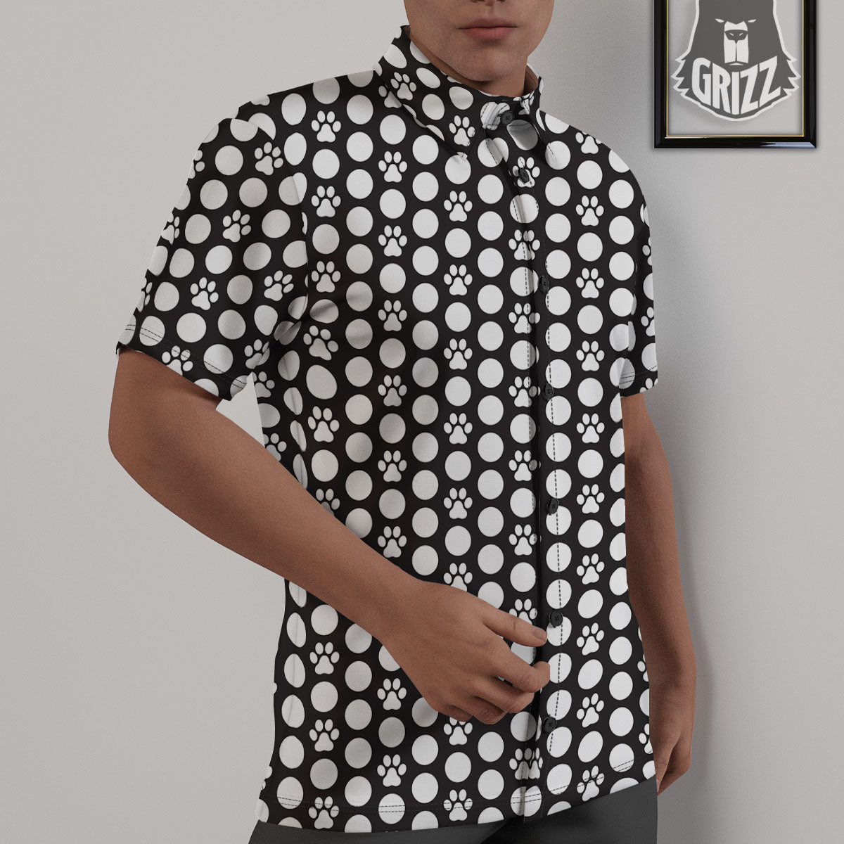 Paw Polka Dot White And Black And Print Untucked Shirts-grizzshop