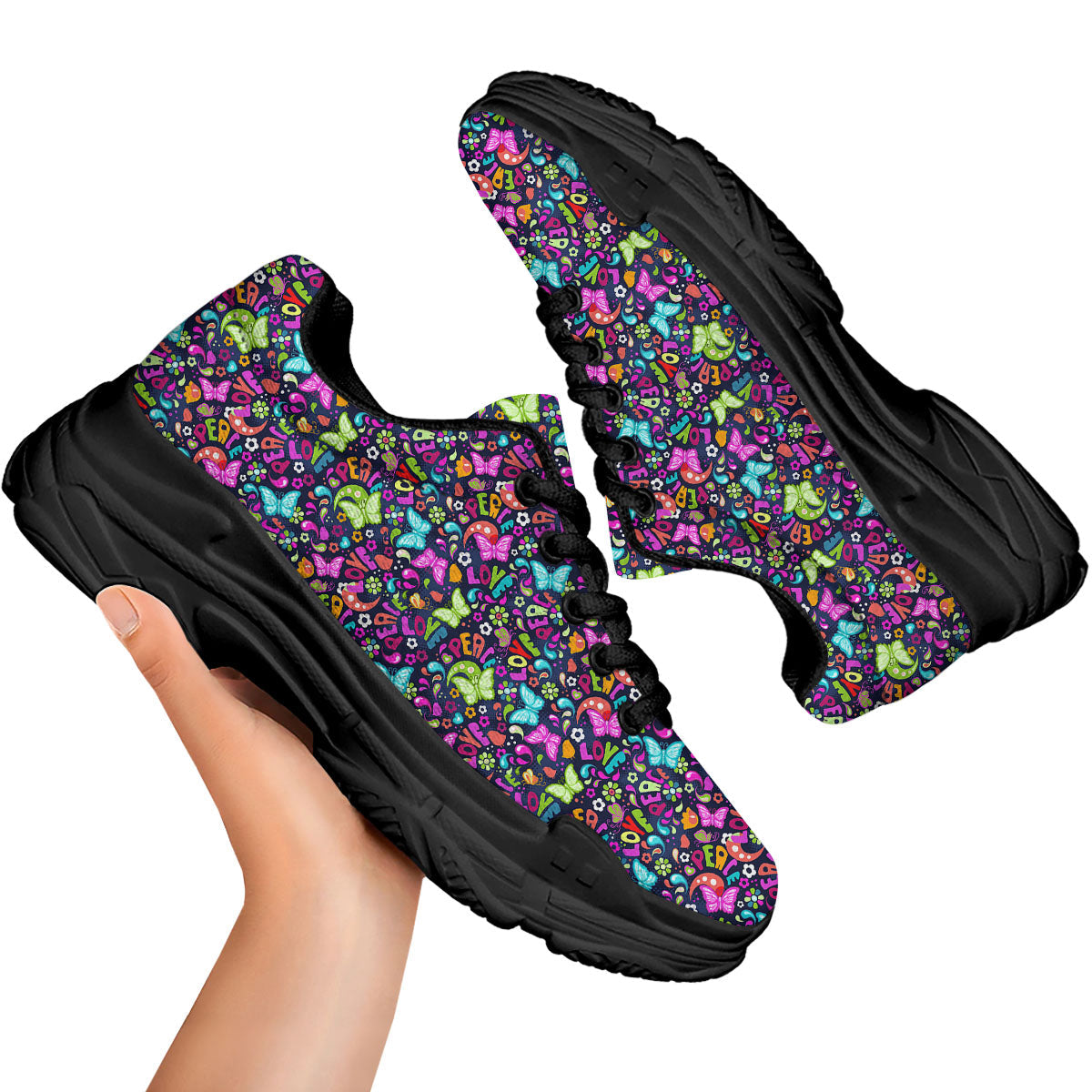 Peace Groovy Girly Print Pattern Black Chunky Shoes-grizzshop