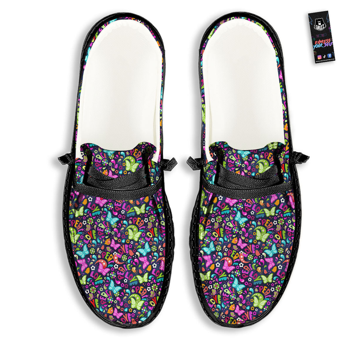 Peace Groovy Girly Print Pattern Black Loafers-grizzshop