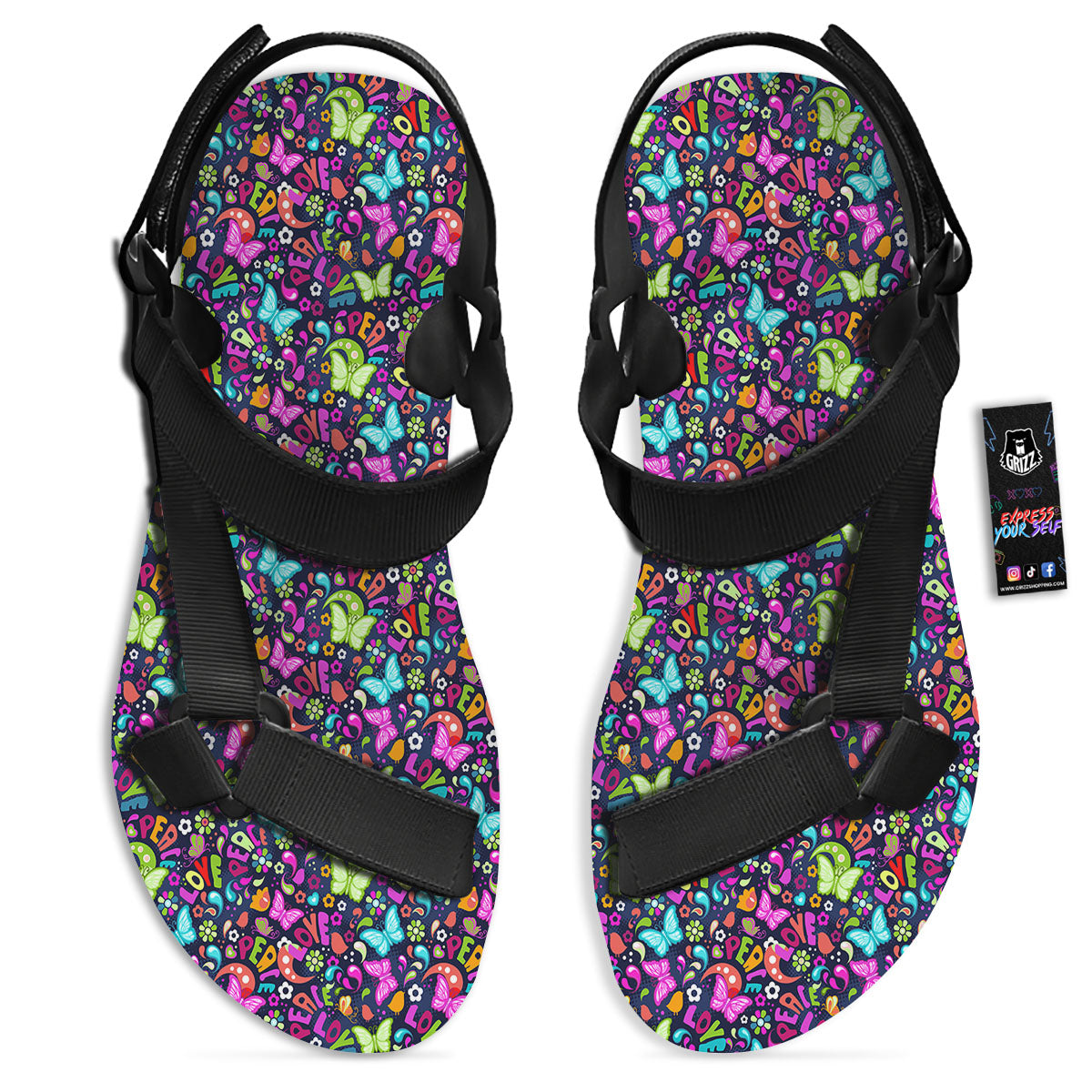 Peace Groovy Girly Print Pattern Black Open Toe Sandals-grizzshop