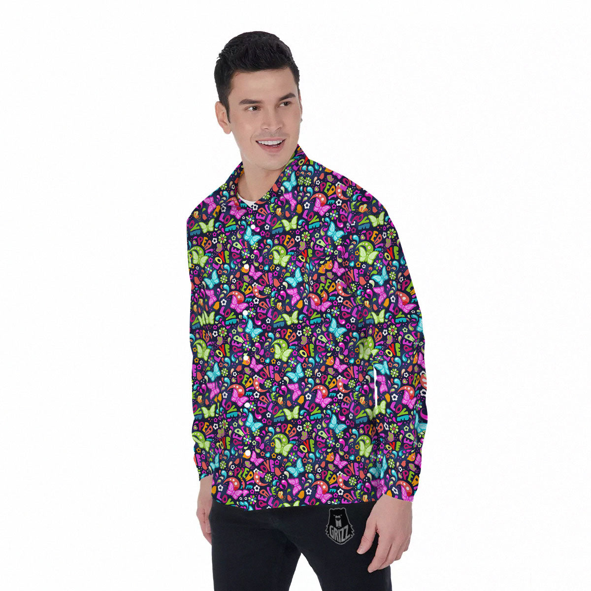 Peace Groovy Girly Print Pattern Men's Long Sleeve Shirts-grizzshop