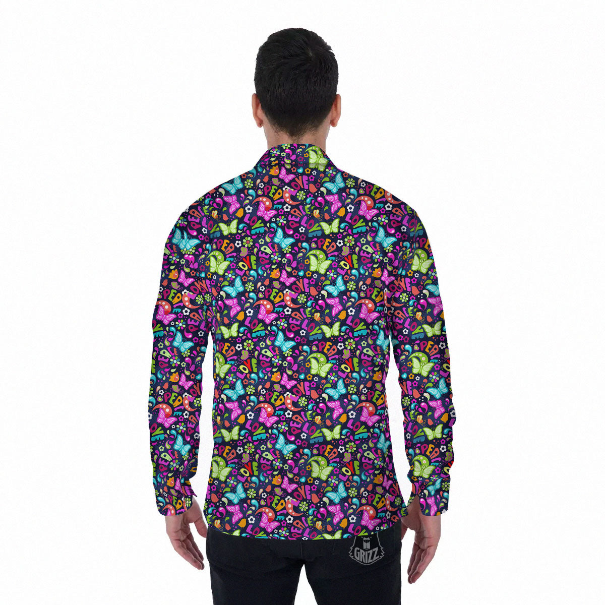 Peace Groovy Girly Print Pattern Men's Long Sleeve Shirts-grizzshop