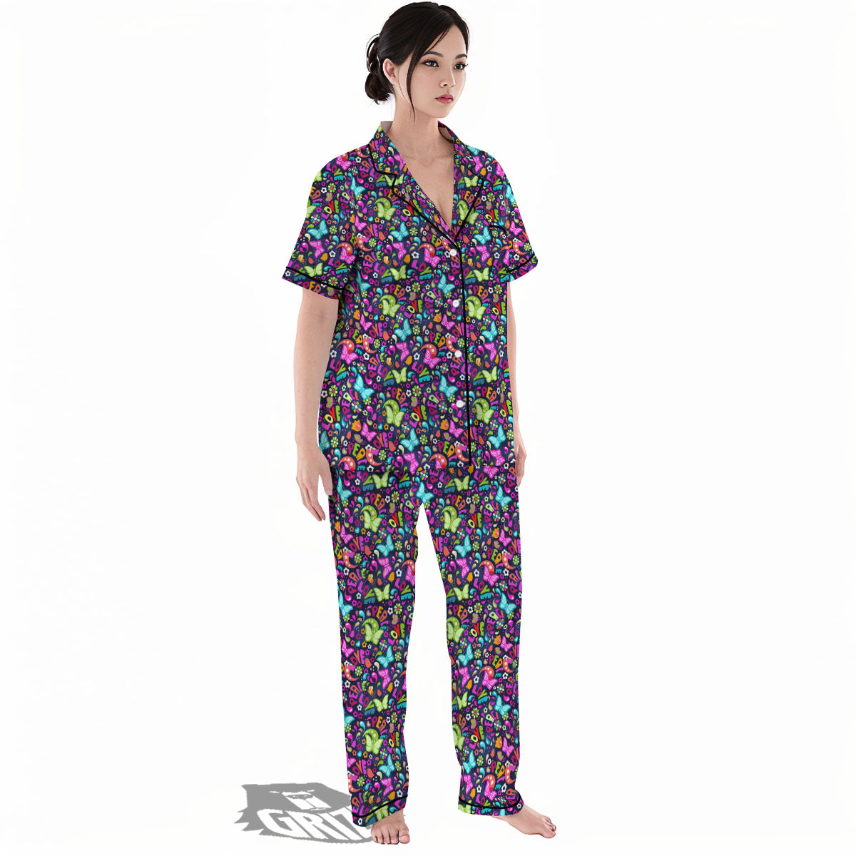 Peace Groovy Girly Print Pattern Women's Pajamas Set-grizzshop