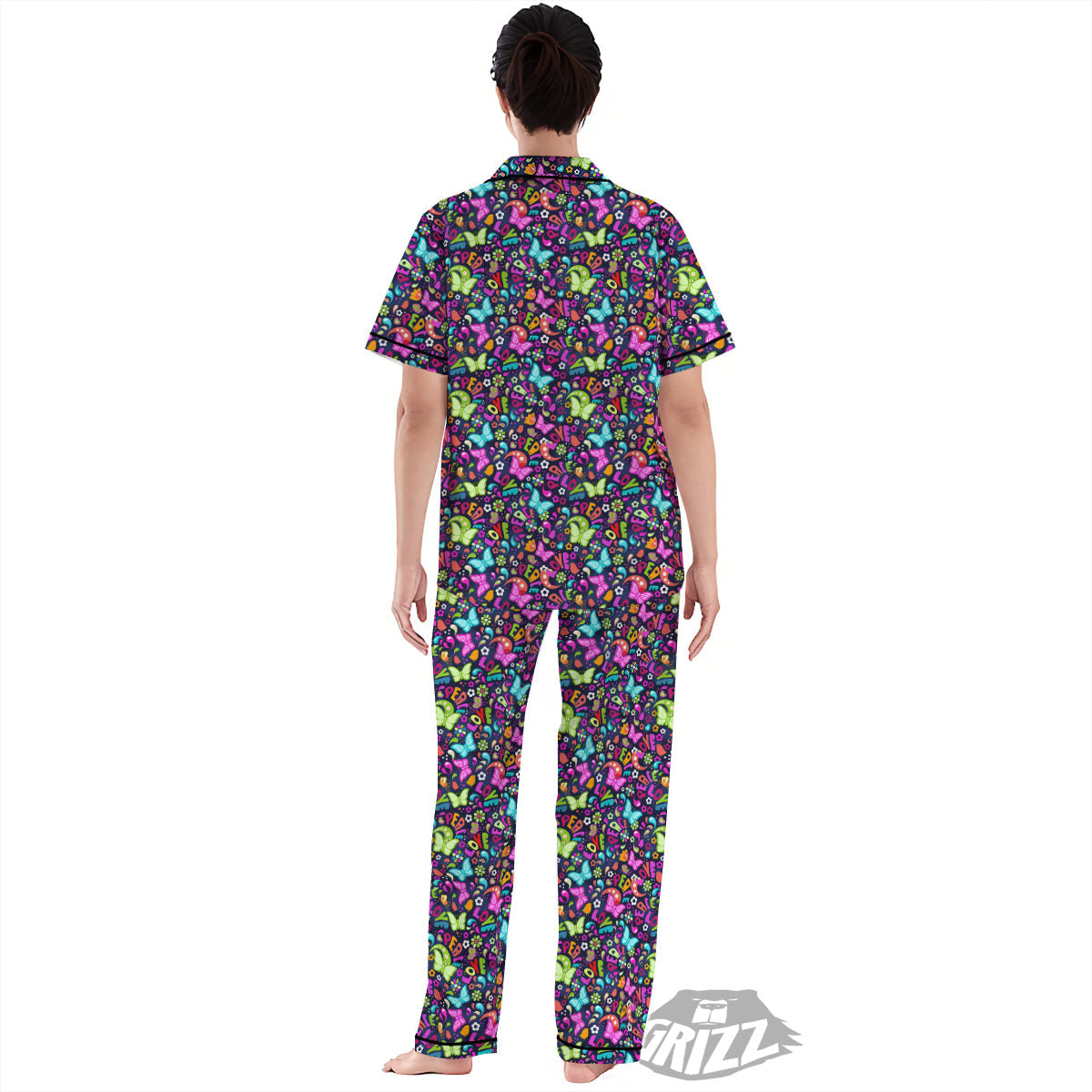 Peace Groovy Girly Print Pattern Women's Pajamas Set-grizzshop