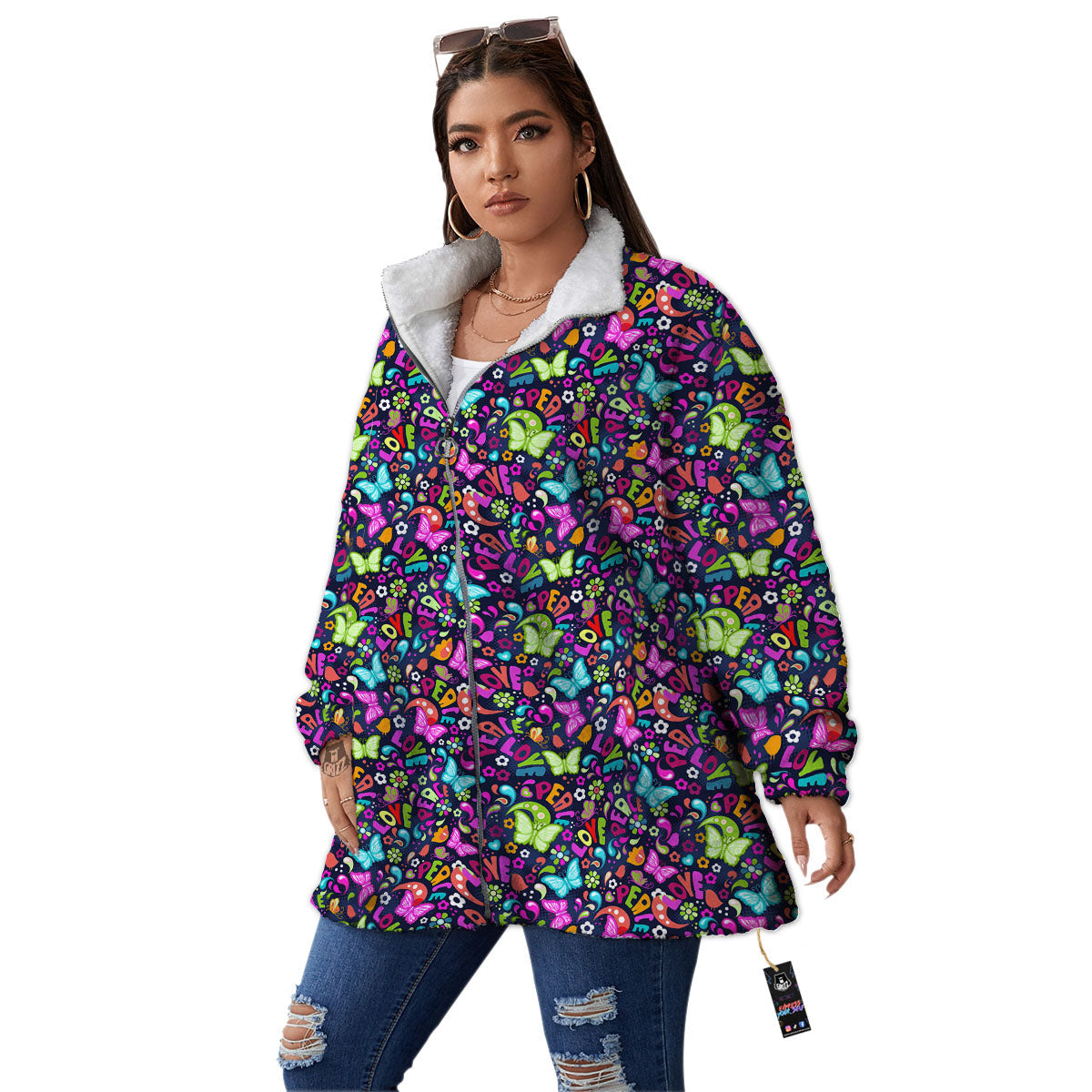 Peace Groovy Girly Print Pattern Women's Sherpa Jacket-grizzshop