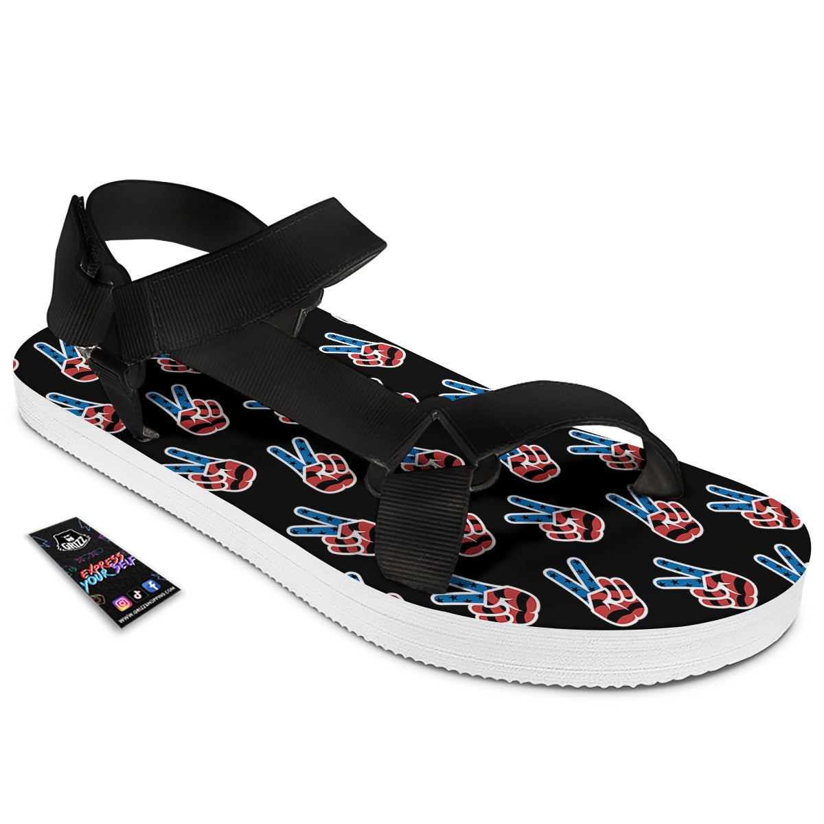 Peace Sign American Patriotic Print Pattern Black Open Toe Sandals-grizzshop