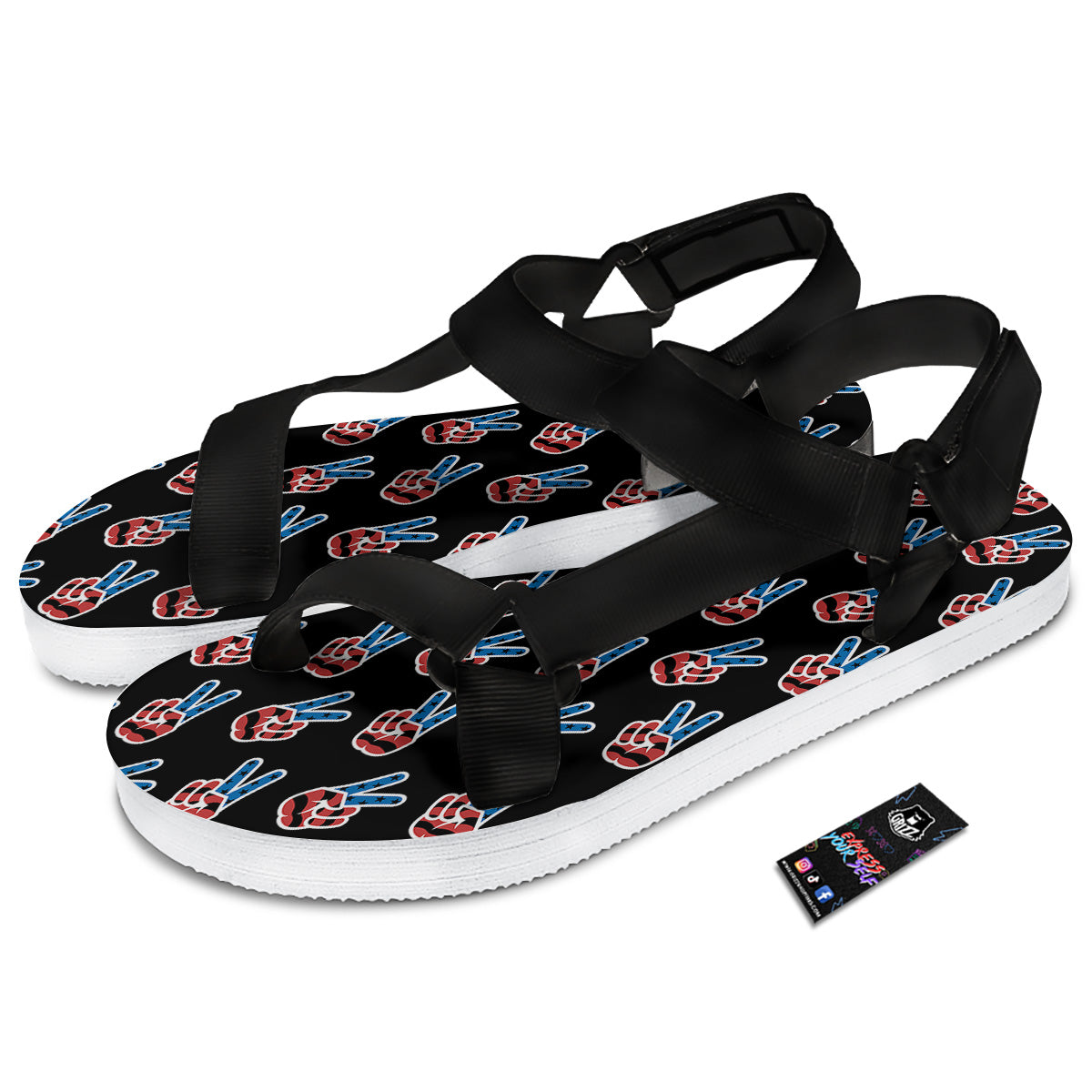 Peace Sign American Patriotic Print Pattern Black Open Toe Sandals-grizzshop