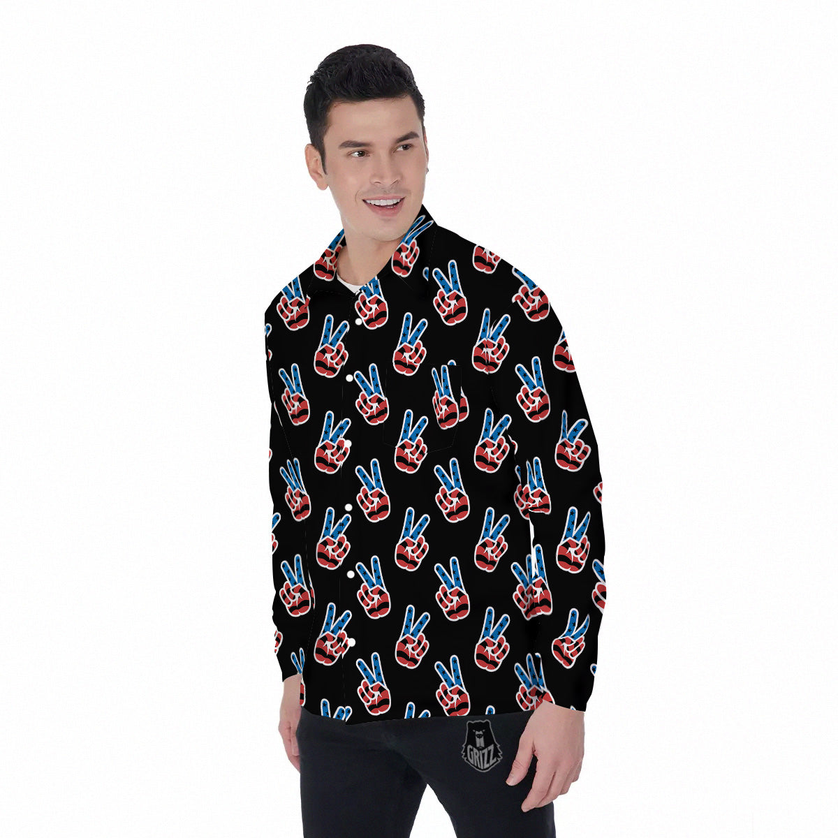 Peace Sign American Patriotic Print Pattern Men's Long Sleeve Shirts-grizzshop